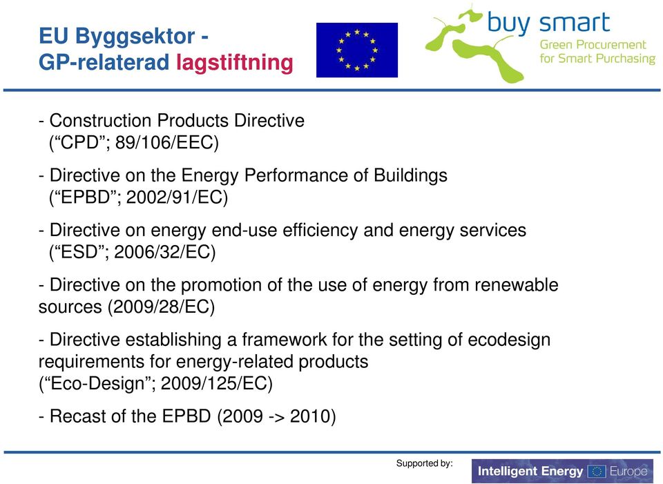 - Directive on the promotion of the use of energy from renewable sources (2009/28/EC) - Directive establishing a framework for