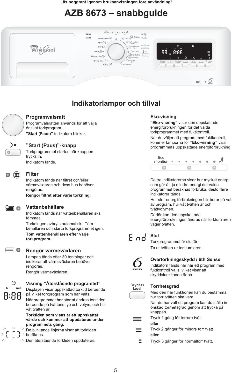 Filter Indikatorn tänds när filtret och/eller värmeväxlaren och dess hus behöver rengöras. Rengör filtret efter varje torkning. Vattenbehållare Indikatorn tänds när vattenbehållaren ska tömmas.