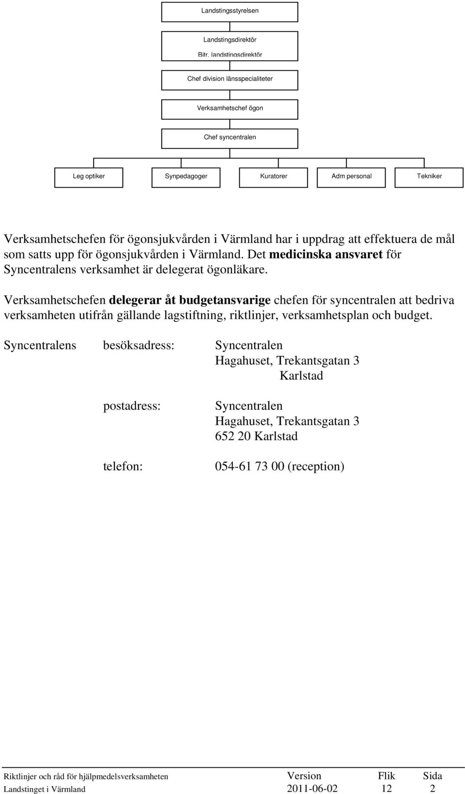 har i uppdrag att effektuera de mål som satts upp för ögonsjukvården i Värmland. Det medicinska ansvaret för Syncentralens verksamhet är delegerat ögonläkare.