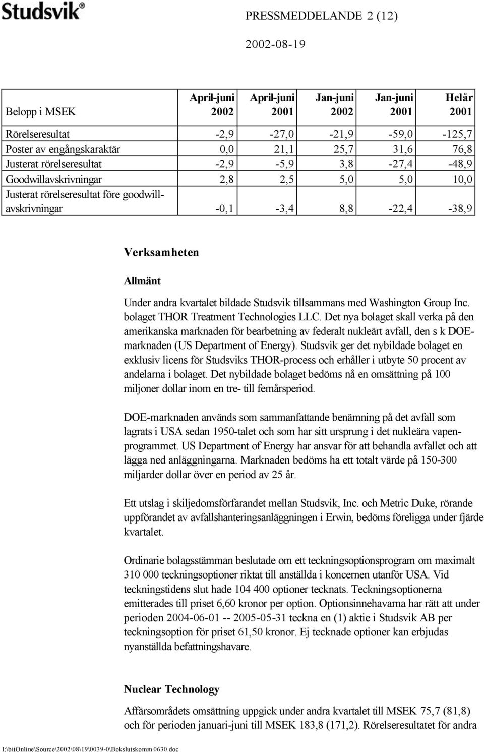 kvartalet bildade Studsvik tillsammans med Washington Group Inc. bolaget THOR Treatment Technologies LLC.