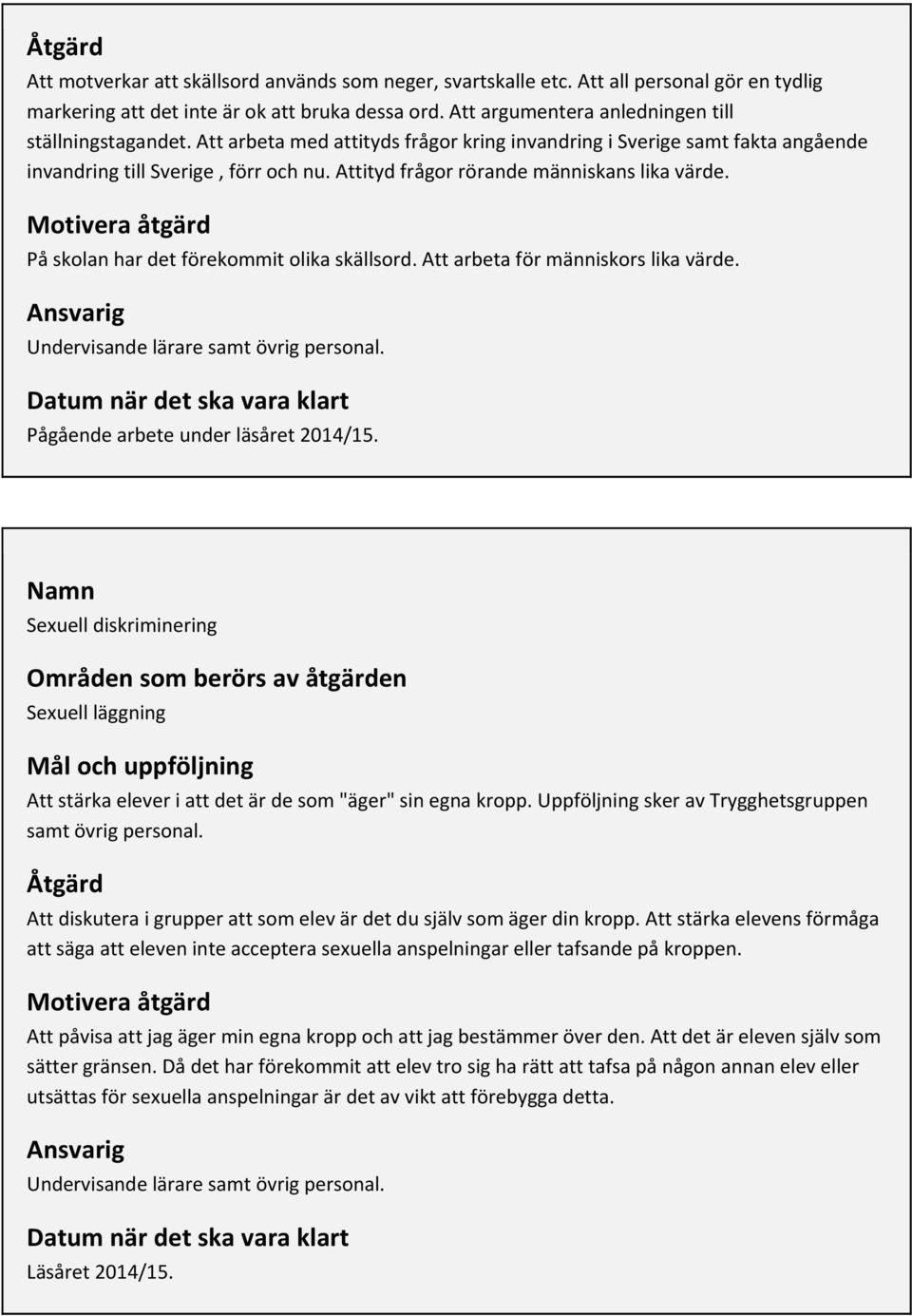 Attityd frågor rörande människans lika värde. Motivera åtgärd På skolan har det förekommit olika skällsord. Att arbeta för människors lika värde. Undervisande lärare samt övrig personal.