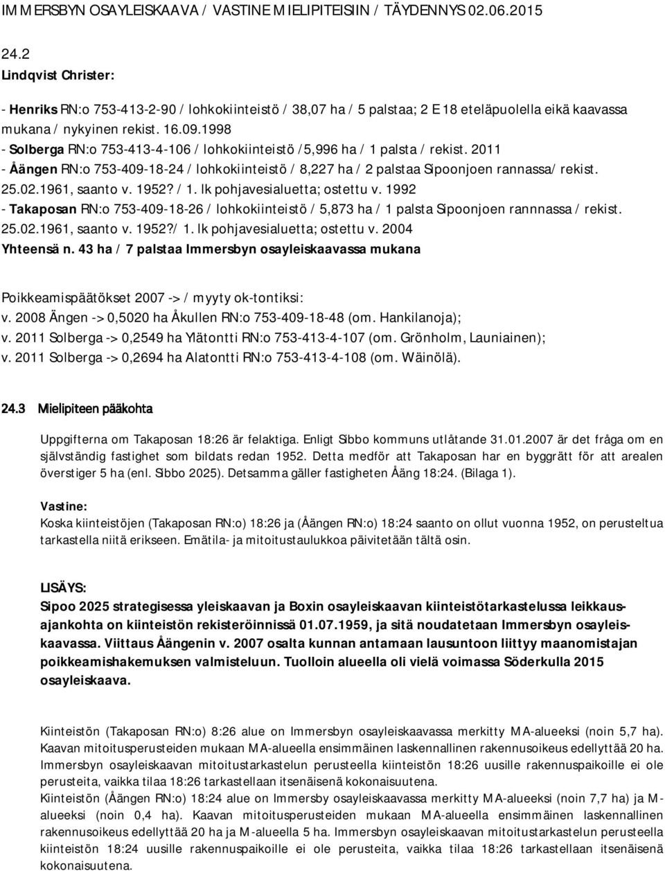 1998 - Solberga RN:o 753-413-4-106 / lohkokiinteistö /5,996 ha / 1 palsta / rekist. 2011 - Åängen RN:o 753-409-18-24 / lohkokiinteistö / 8,227 ha / 2 palstaa Sipoonjoen rannassa/ rekist. 25.02.