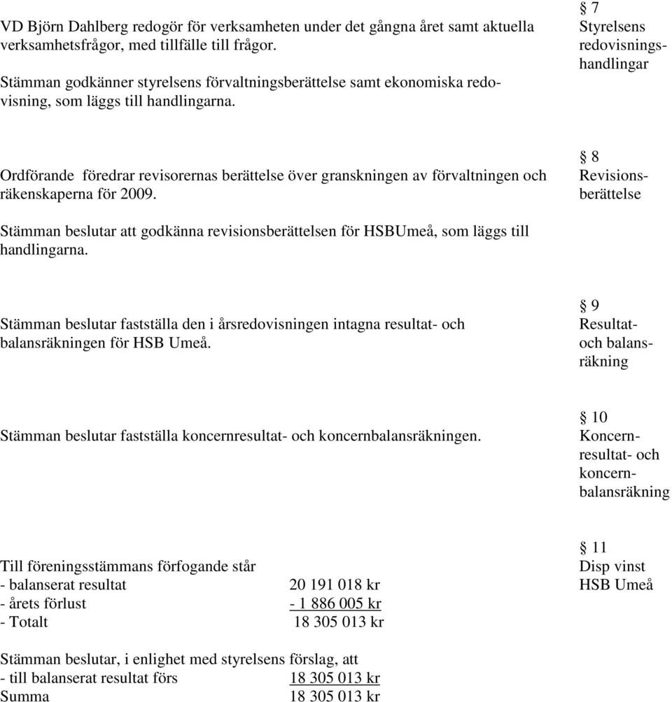 7 Styrelsens redovisningshandlingar Ordförande föredrar revisorernas berättelse över granskningen av förvaltningen och räkenskaperna för 2009.