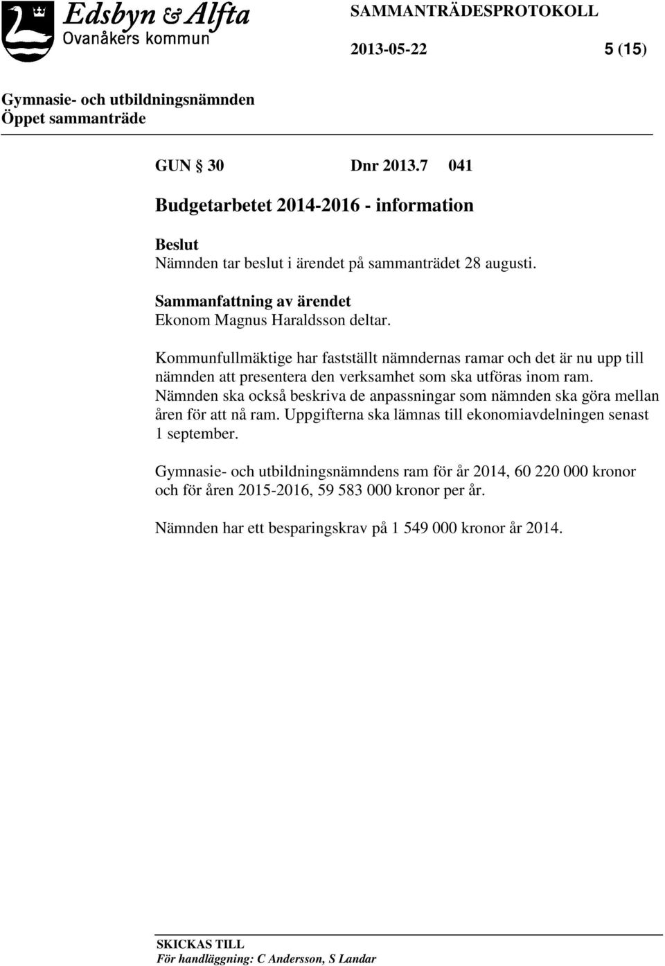 Kommunfullmäktige har fastställt nämndernas ramar och det är nu upp till nämnden att presentera den verksamhet som ska utföras inom ram.