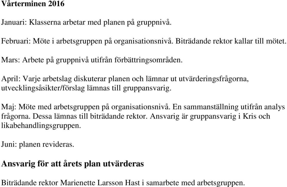 April: Varje arbetslag diskuterar planen och lämnar ut utvärderingsfrågorna, utvecklingsåsikter/förslag lämnas till gruppansvarig.