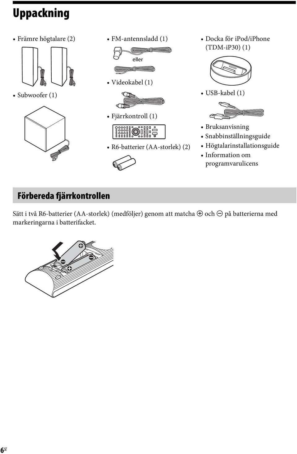 Snabbinställningsguide Högtalarinstallationsguide Information om programvarulicens Förbereda fjärrkontrollen