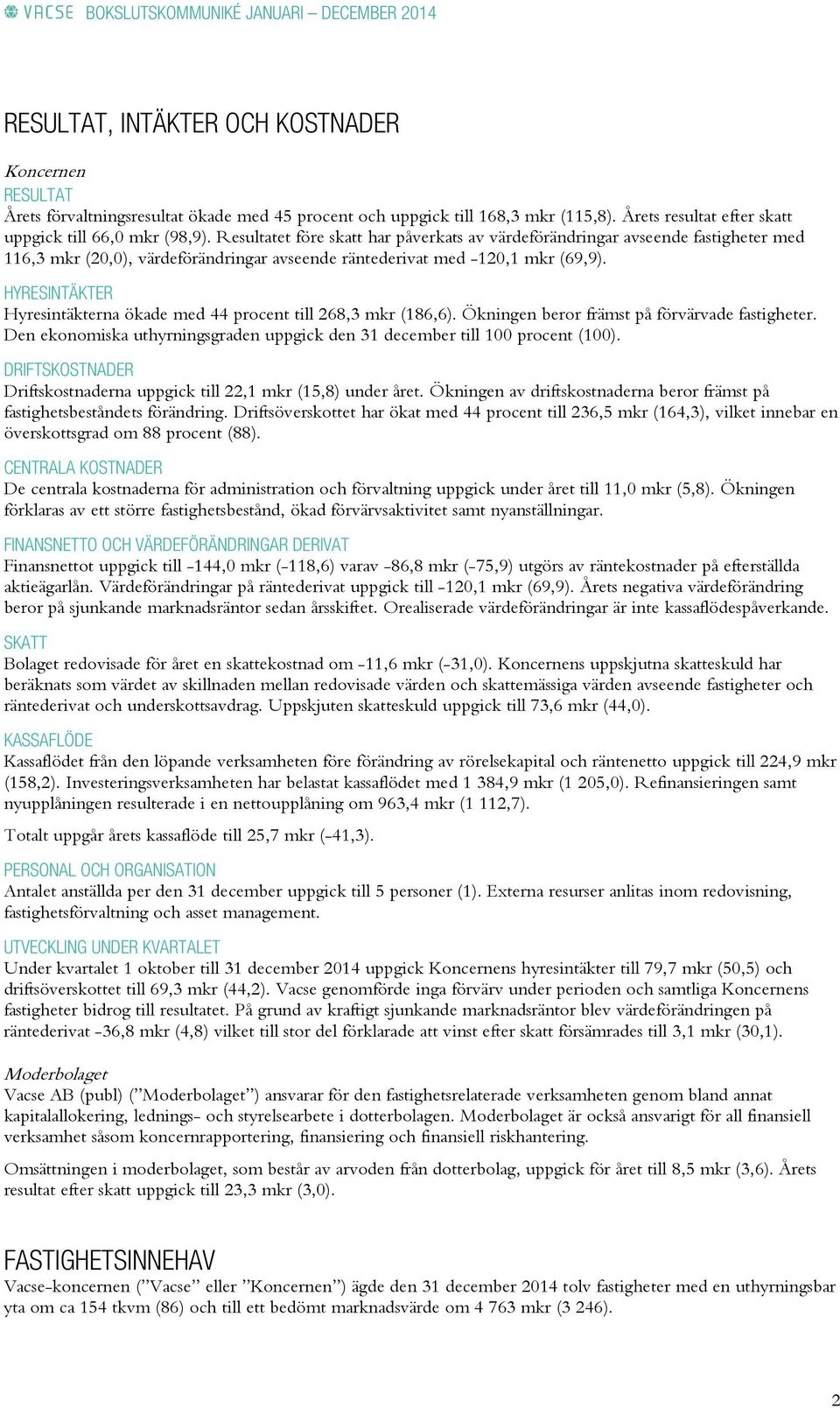 HYRESINTÄKTER Hyresintäkterna ökade med 44 procent till 268,3 mkr (186,6). Ökningen beror främst på förvärvade fastigheter.