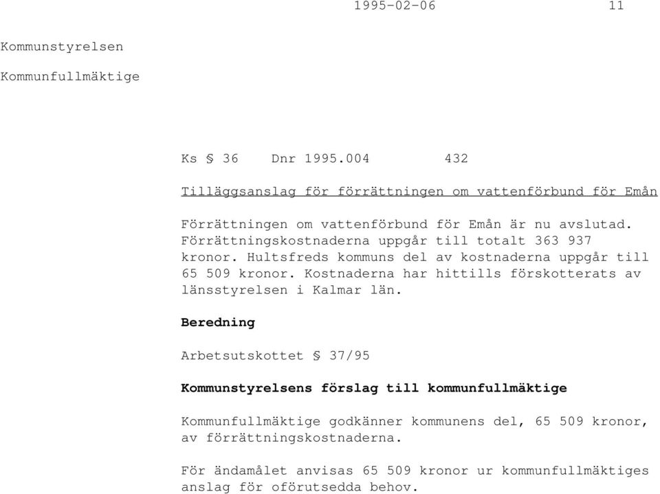 Förrättningskostnaderna uppgår till totalt 363 937 kronor. Hultsfreds kommuns del av kostnaderna uppgår till 65 509 kronor.