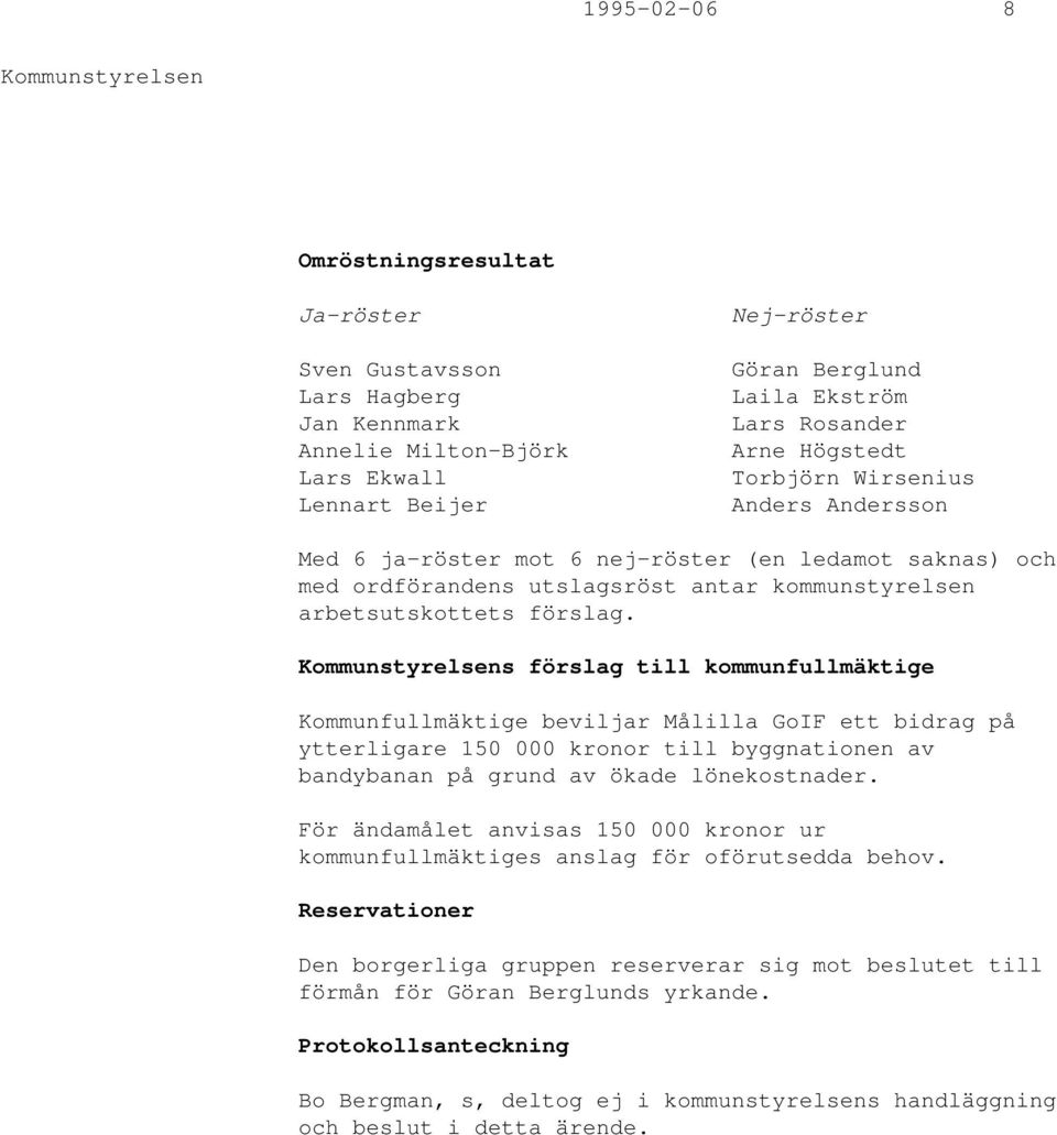 s förslag till kommunfullmäktige beviljar Målilla GoIF ett bidrag på ytterligare 150 000 kronor till byggnationen av bandybanan på grund av ökade lönekostnader.