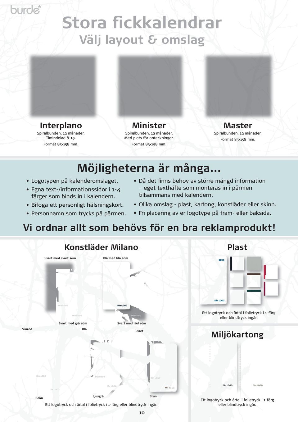 Möjligheterna är många... Då det finns behov av större mängd information eget texthäfte som monteras in i pärmen tillsammans med kalendern. Olika omslag - plast, kartong, konstläder eller skinn.