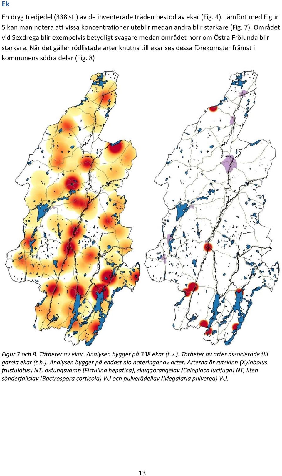 När det gäller rödlistade arter knutna till ekar ses dessa förekomster främst i kommunens södra delar (Fig. 8) Figur 7 och 8. Tätheter av ekar. Analysen bygger på 338 ekar (t.v.). Tätheter av arter associerade till gamla ekar (t.