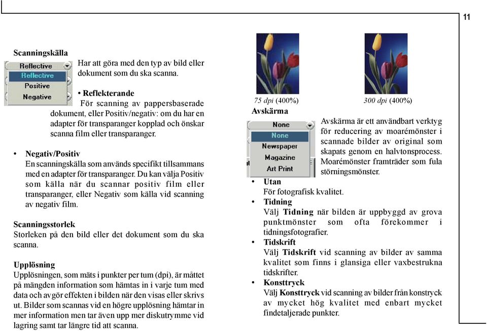 Negativ/Positiv En scanningskälla som används specifikt tillsammans med en adapter för transparanger.