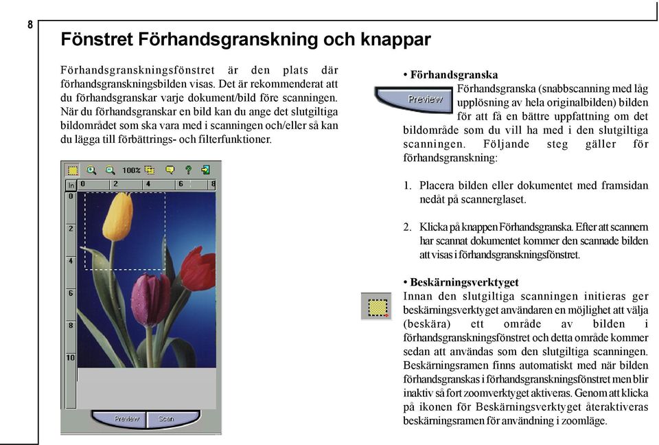 När du förhandsgranskar en bild kan du ange det slutgiltiga bildområdet som ska vara med i scanningen och/eller så kan du lägga till förbättrings- och filterfunktioner.