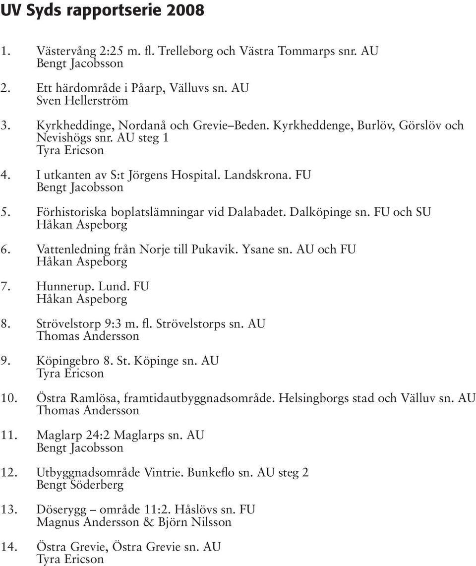 Förhistoriska boplatslämningar vid Dalabadet. Dalköpinge sn. FU och SU Håkan Aspeborg 6. Vattenledning från Norje till Pukavik. Ysane sn. AU och FU Håkan Aspeborg 7. Hunnerup. Lund.