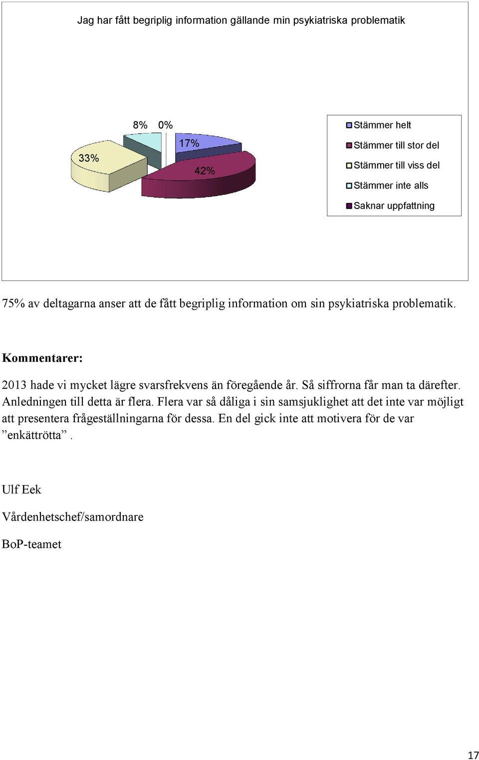 Kommentarer: 2013 hade vi mycket lägre svarsfrekvens än föregående år. Så siffrorna får man ta därefter. Anledningen till detta är flera.