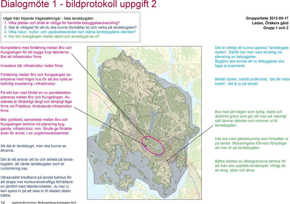 Grupparbete 2013-09-17 Grupp 1 och 2 Komplettera med förtätning mellan Bro och Kungsängen för att bygga ihop tätorterna. Bra att infrastruktur finns. Investera där infrastruktur redan finns.