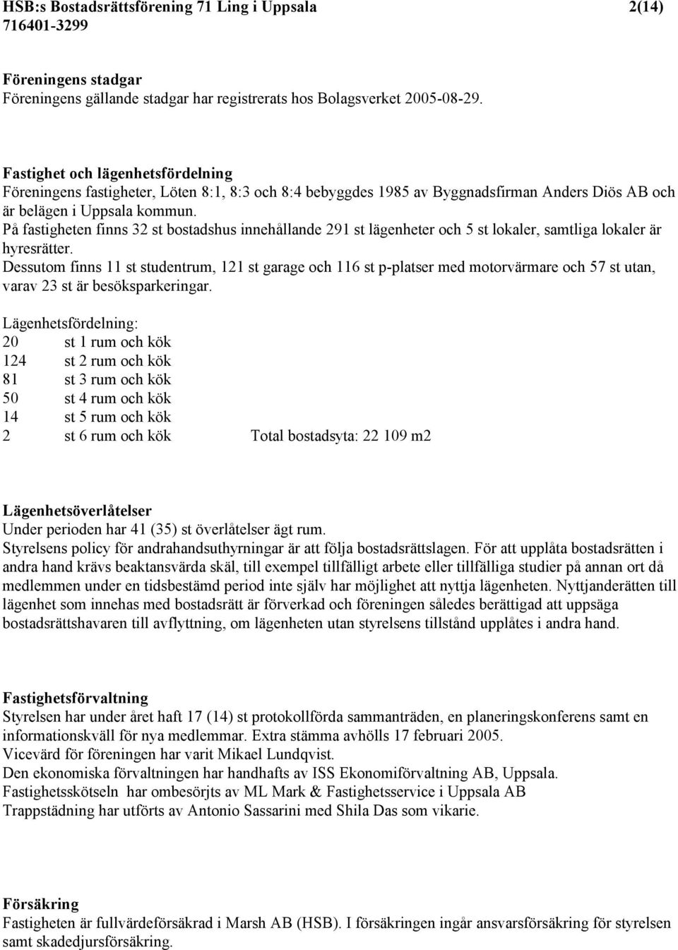 På fastigheten finns 32 st bostadshus innehållande 291 st lägenheter och 5 st lokaler, samtliga lokaler är hyresrätter.