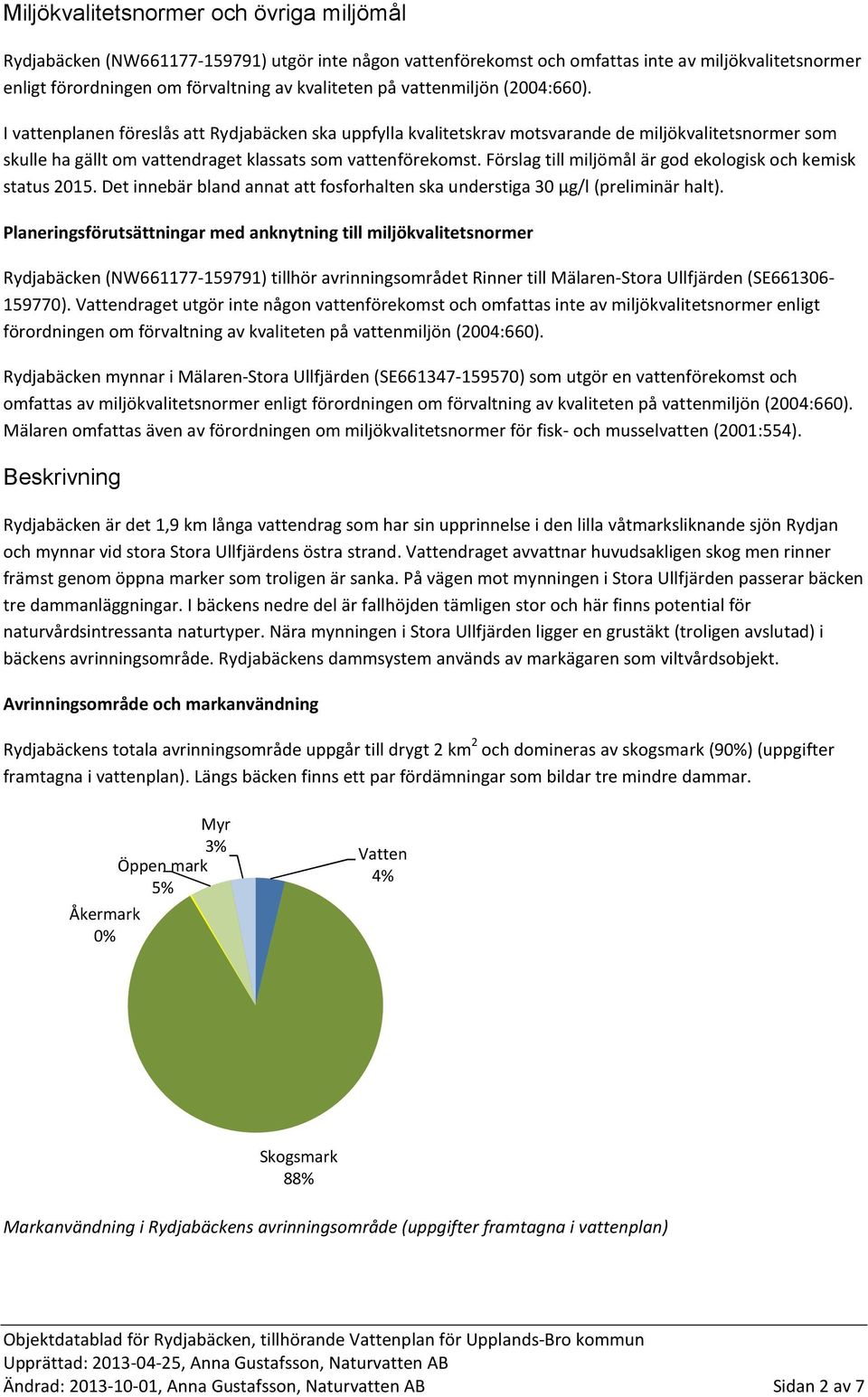 Förslag till miljömål är god ekologisk och kemisk status 2015. Det innebär bland annat att fosforhalten ska understiga 30 µg/l (preliminär halt).