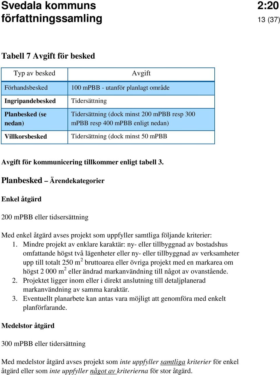 Planbesked Ärendekategorier Enkel åtgärd 200 mpbb eller tidsersättning Med enkel åtgärd avses projekt som uppfyller samtliga följande kriterier: 1.