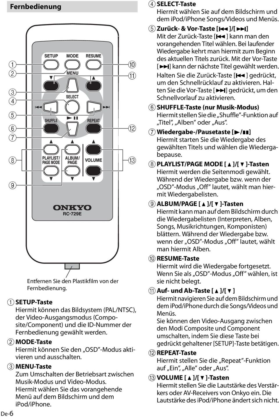 b MODE-Taste Hiermit können Sie den OSD -Modus aktivieren und ausschalten. c MENU-Taste Zum Umschalten der Betriebsart zwischen Musik-Modus und Video-Modus.