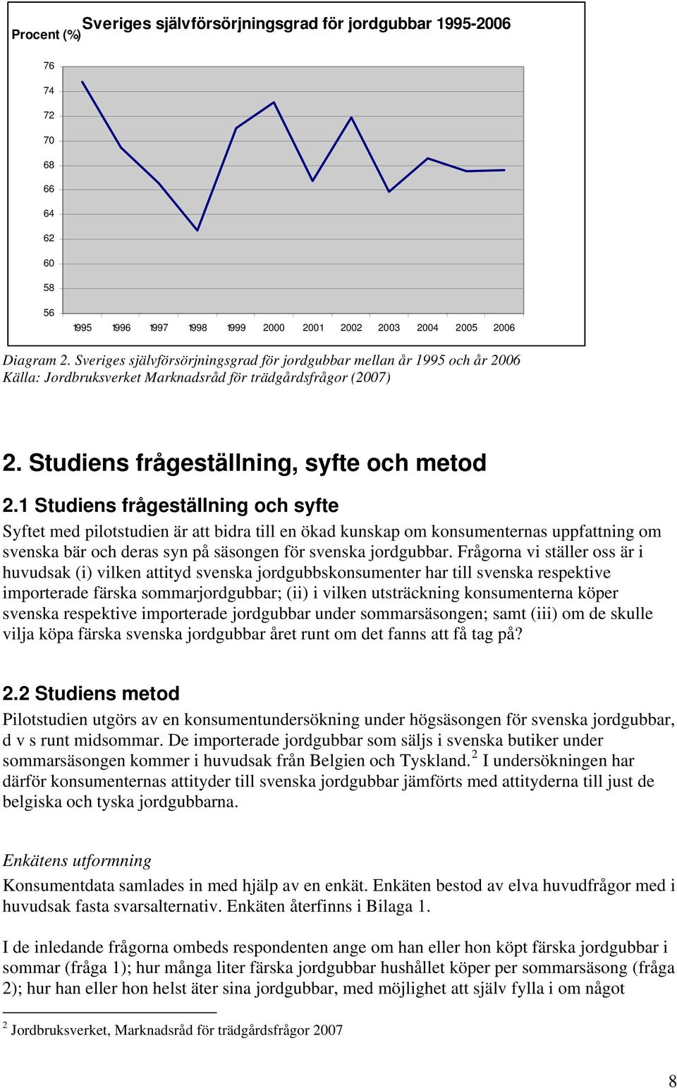 1 Studiens frågeställning och syfte Syftet med pilotstudien är att bidra till en ökad kunskap om konsumenternas uppfattning om svenska bär och deras syn på säsongen för svenska jordgubbar.