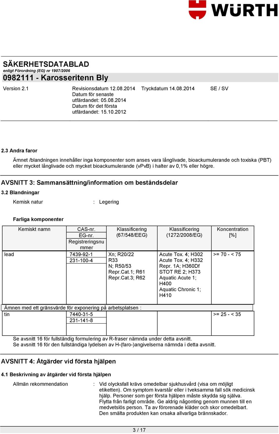 Klassificering (67/548/EEG) Registreringsnu mmer lead 7439-92-1 Xn; R20/22 231-100-4 R33 N; R50/53 Repr.Cat.