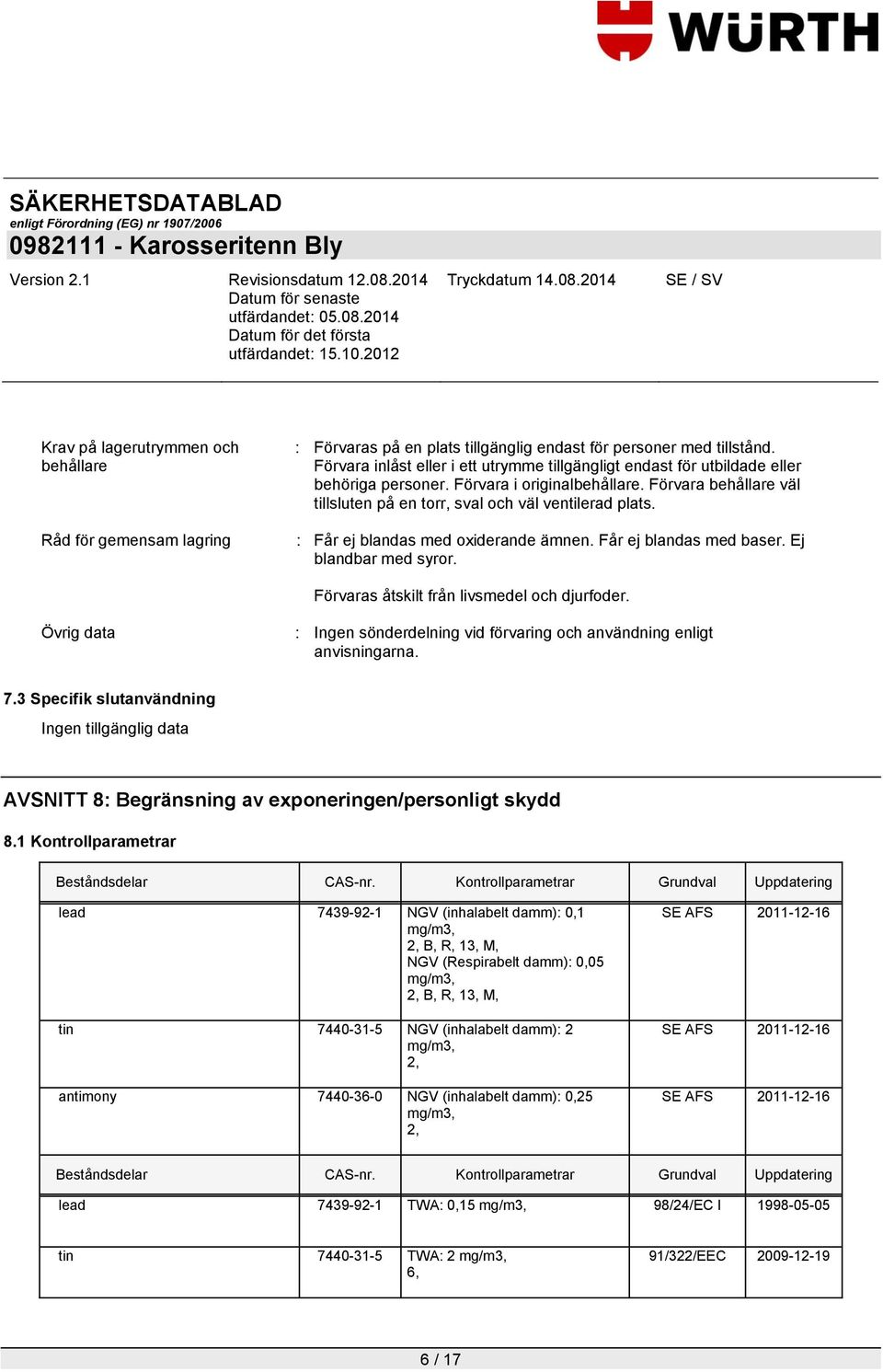 : Får ej blandas med oxiderande ämnen. Får ej blandas med baser. Ej blandbar med syror. Förvaras åtskilt från livsmedel och djurfoder.