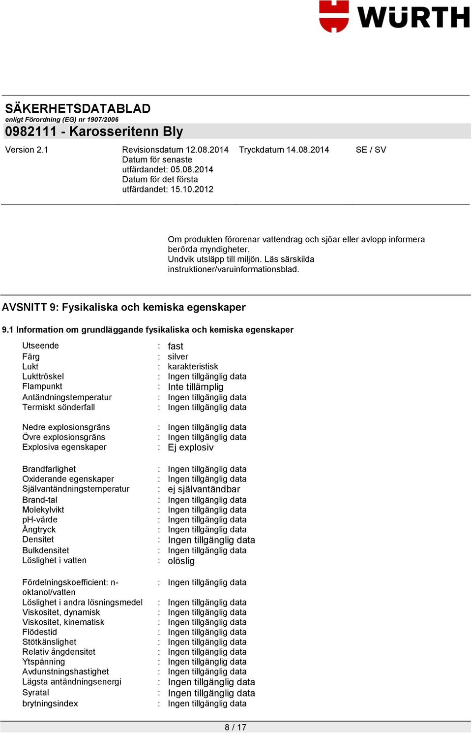 1 Information om grundläggande fysikaliska och kemiska egenskaper Utseende : fast Färg : silver Lukt : karakteristisk Lukttröskel Flampunkt : Inte tillämplig Antändningstemperatur Termiskt sönderfall