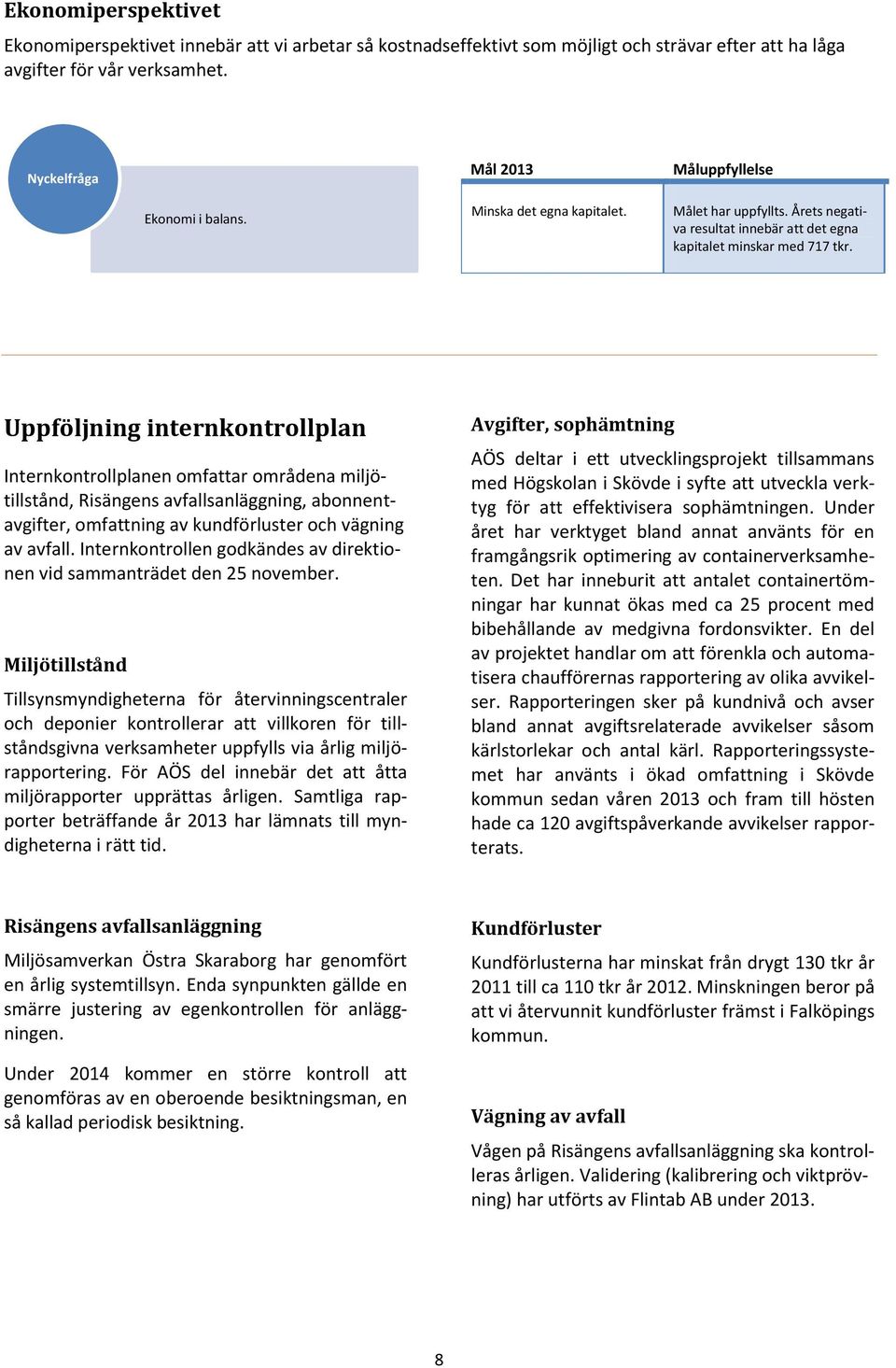 Uppföljning internkontrollplan Internkontrollplanen omfattar områdena miljötillstånd, Risängens avfallsanläggning, abonnentavgifter, omfattning av kundförluster och vägning av avfall.