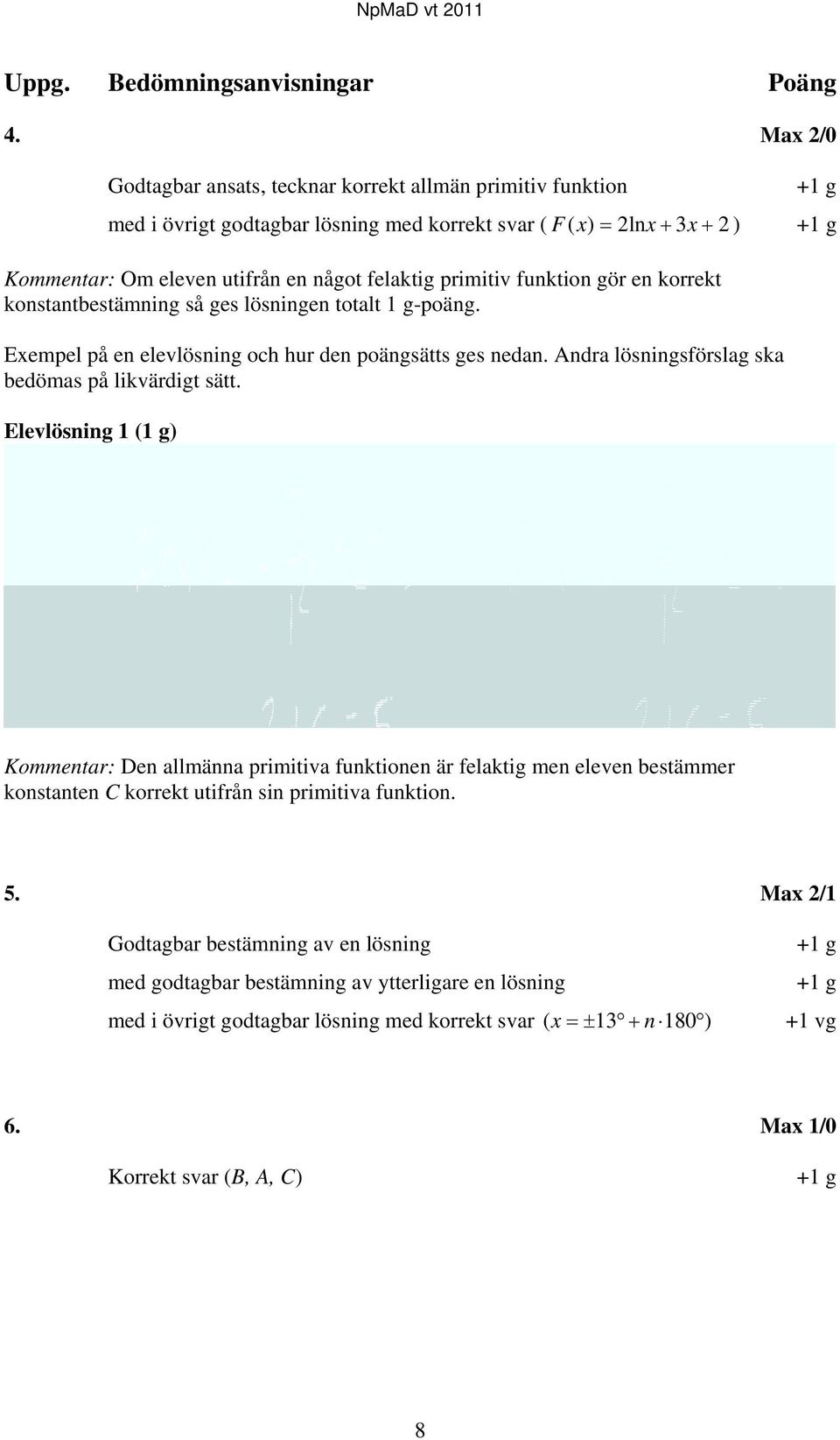 primitiv funktion gör en korrekt konstantbestämning så ges lösningen totalt 1 g-poäng. Exempel på en elevlösning och hur den poängsätts ges nedan. Andra lösningsförslag ska bedömas på likvärdigt sätt.