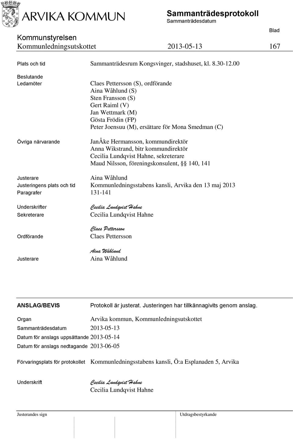 Smedman (C) JanÅke Hermansson, kommundirektör Anna Wikstrand, bitr kommundirektör Cecilia Lundqvist Hahne, sekreterare Maud Nilsson, föreningskonsulent, 140, 141 Justerare Aina Wåhlund Justeringens