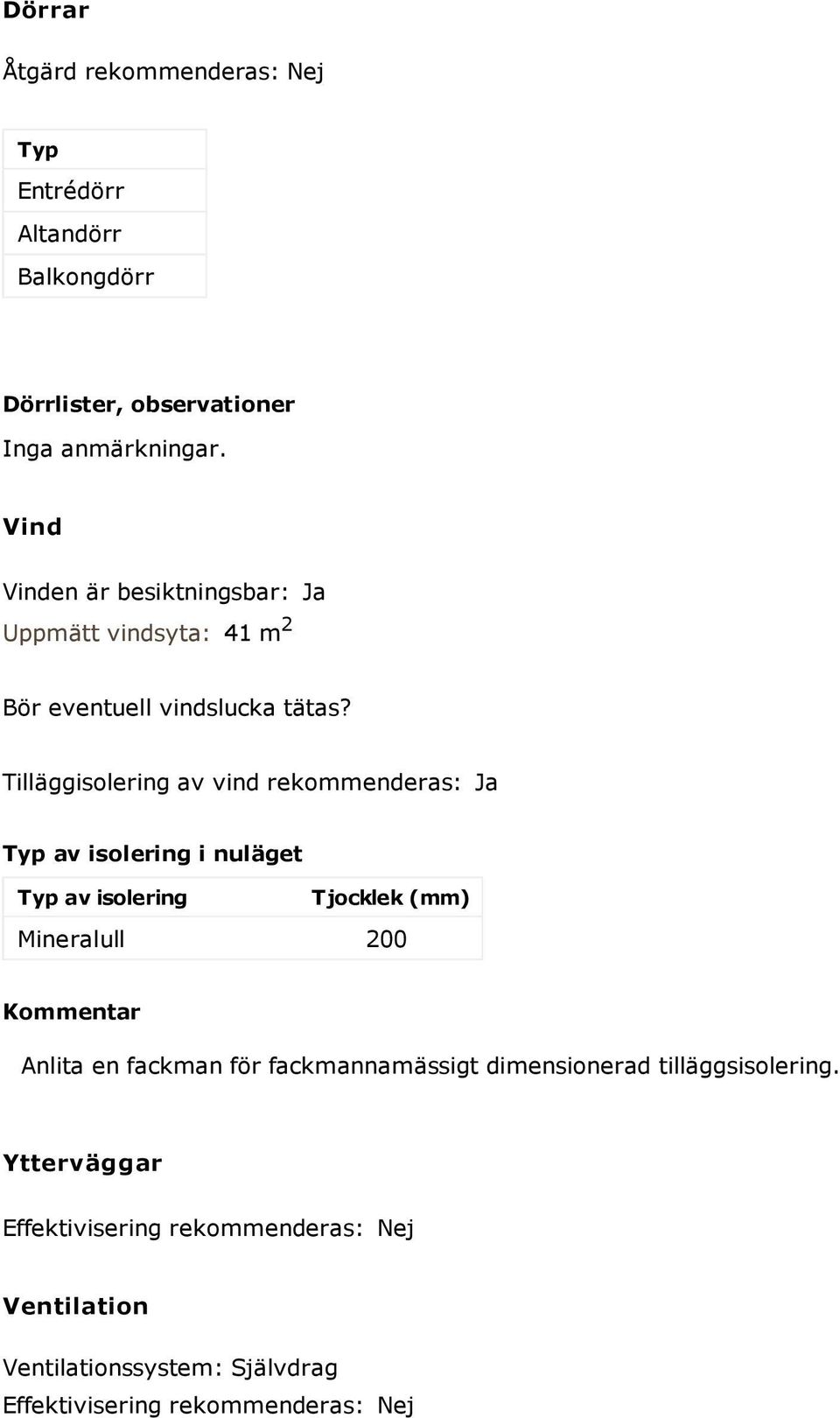 Tilläggisolering av vind rekommenderas: Ja Typ av isolering i nuläget Typ av isolering Tjocklek (mm) Mineralull 200 Kommentar