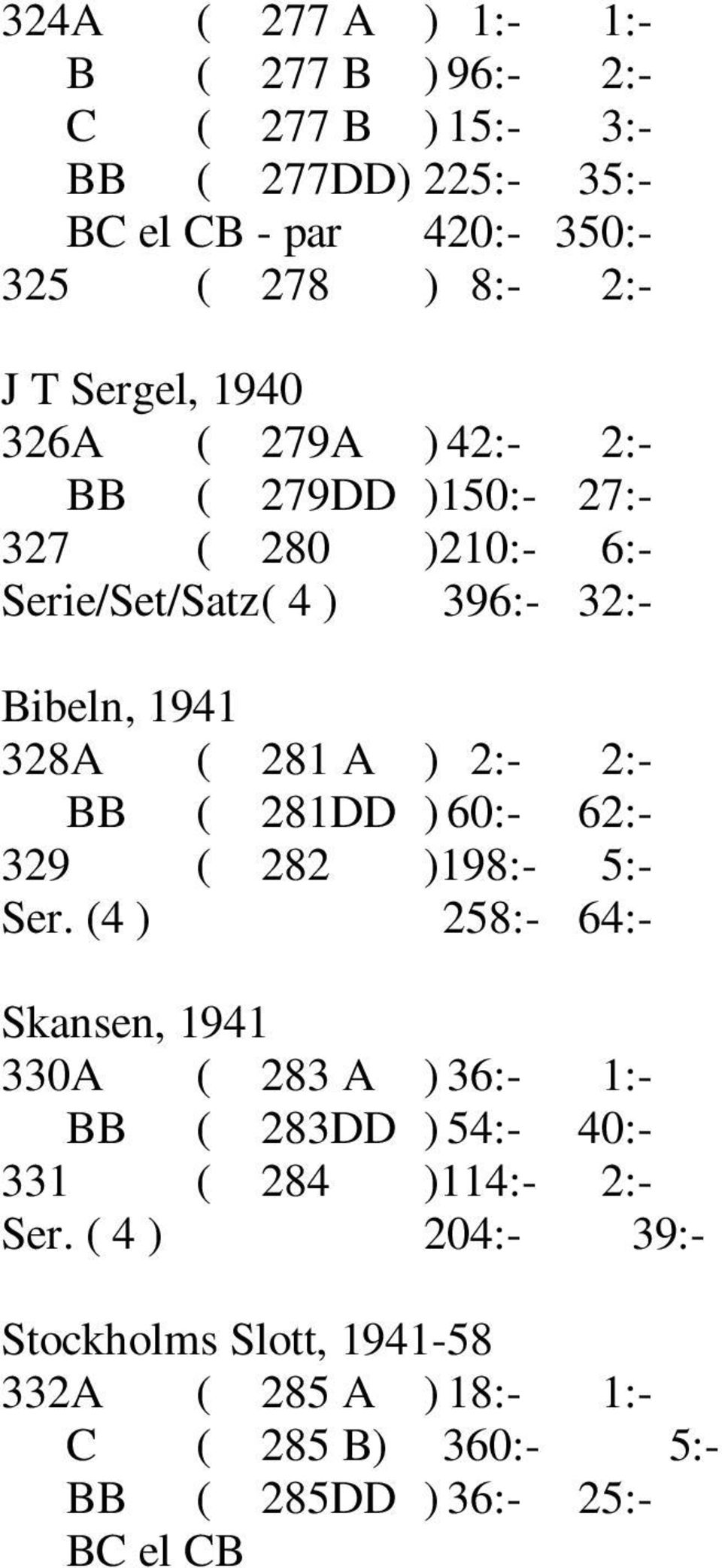 (4 ) 258:- 64:- Skansen, 1941 330A ( 283 A ) 36:- 1:- BB ( 283DD ) 54:- 40:- 331 ( 284 )114:- 2:- Ser.