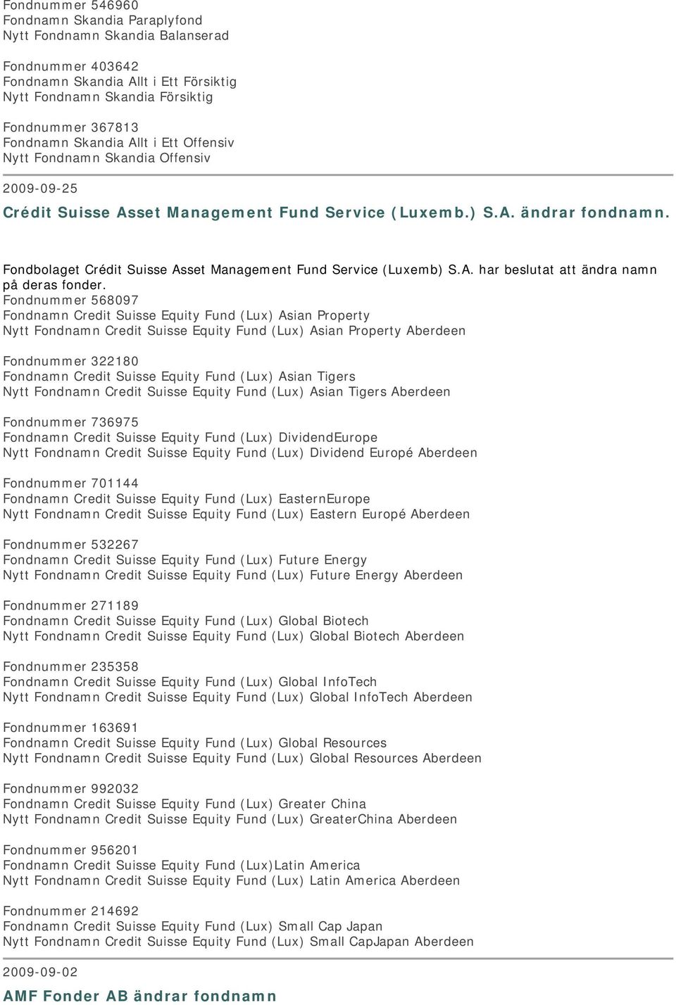 Fondbolaget Crédit Suisse Asset Management Fund Service (Luxemb) S.A. har beslutat att ändra namn på deras fonder.