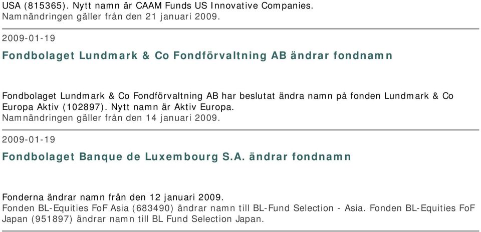 & Co Europa Aktiv (102897). Nytt namn är Aktiv Europa. Namnändringen gäller från den 14 januari 2009. 2009-01-19 Fondbolaget Banque de Luxembourg S.A. ändrar fondnamn Fonderna ändrar namn från den 12 januari 2009.