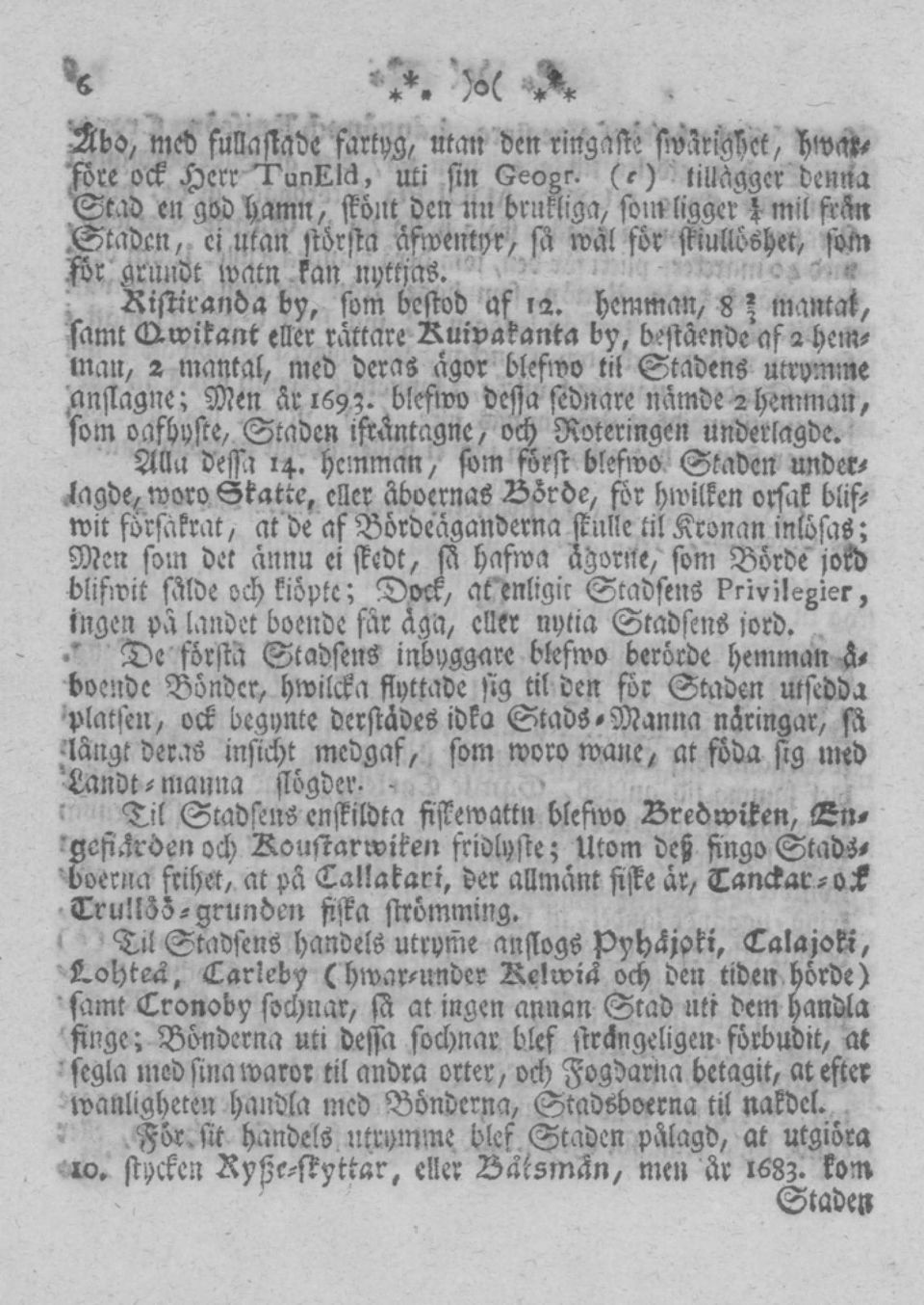 - ; Ristiranba by, som bestod af 12. hemman, 8 \ mantar, samt <l>wikant eller rättare Ruivaranta by, bestående af 2 hemman, 2 mantal, med deras ägor blefwo til Stadens utrymme Mjlagne; Men år 169?