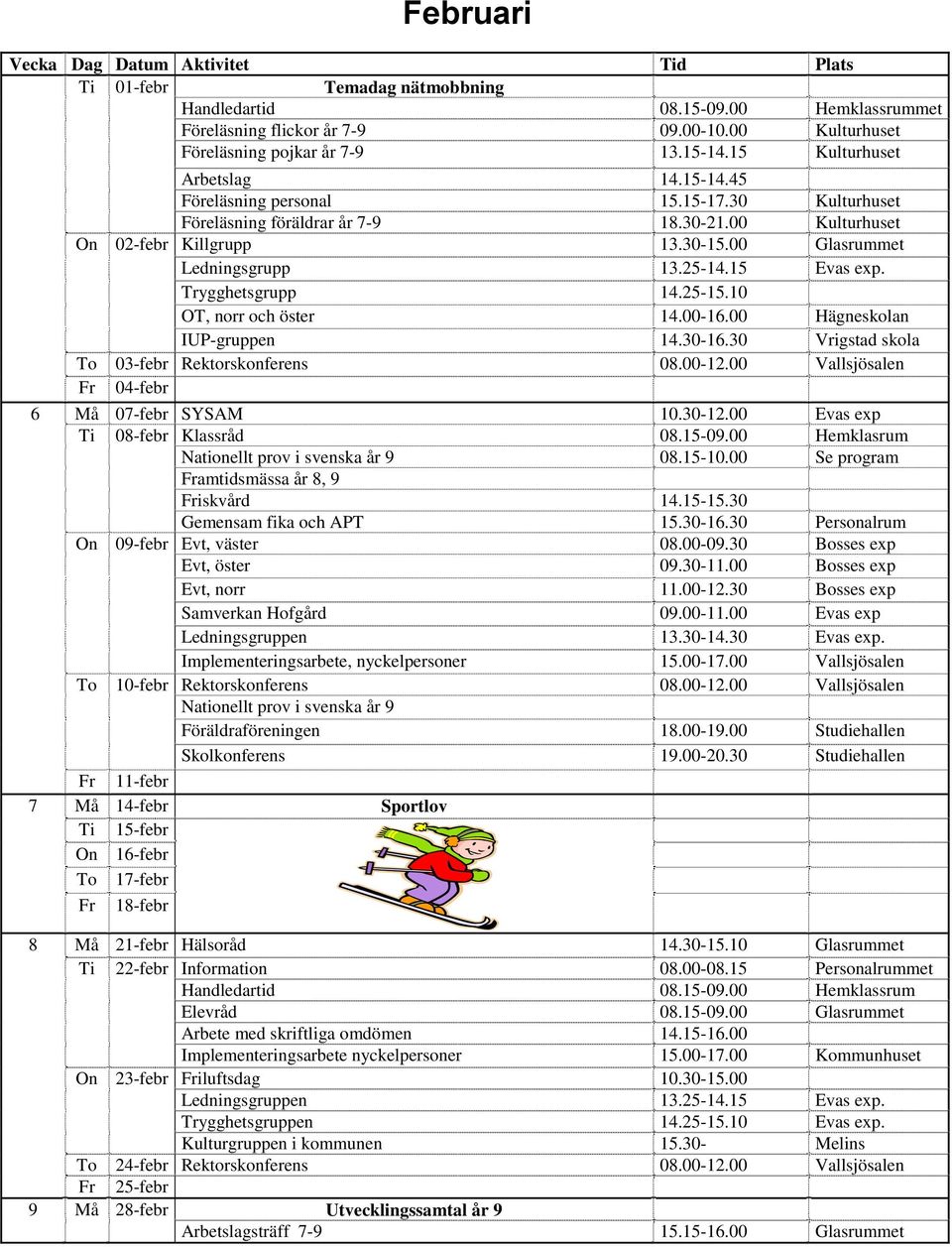 00 Hägneskolan IUP-gruppen 14.30-16.30 Vrigstad skola To 03-febr Rektorskonferens 08.00-12.00 Vallsjösalen Fr 04-febr 6 Må 07-febr SYSAM 10.30-12.00 Evas exp Ti 08-febr Klassråd 08.15-09.