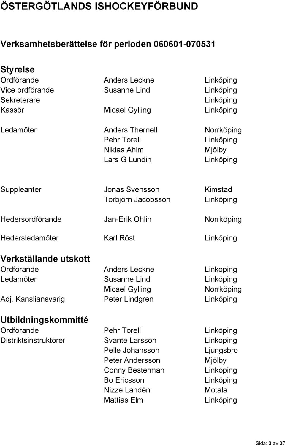 Hedersordförande Jan-Erik Ohlin Norrköping Hedersledamöter Karl Röst Linköping Verkställande utskott Ordförande Anders Leckne Linköping Ledamöter Susanne Lind Linköping Micael Gylling Norrköping Adj.