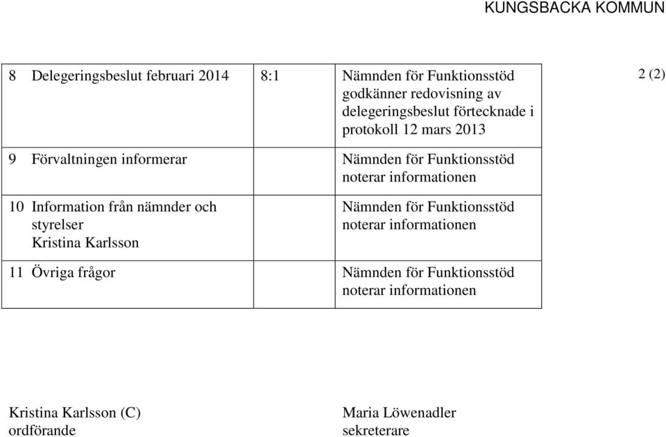 noterar informationen 10 Information från nämnder och styrelser Kristina Karlsson Nämnden för Funktionsstöd noterar