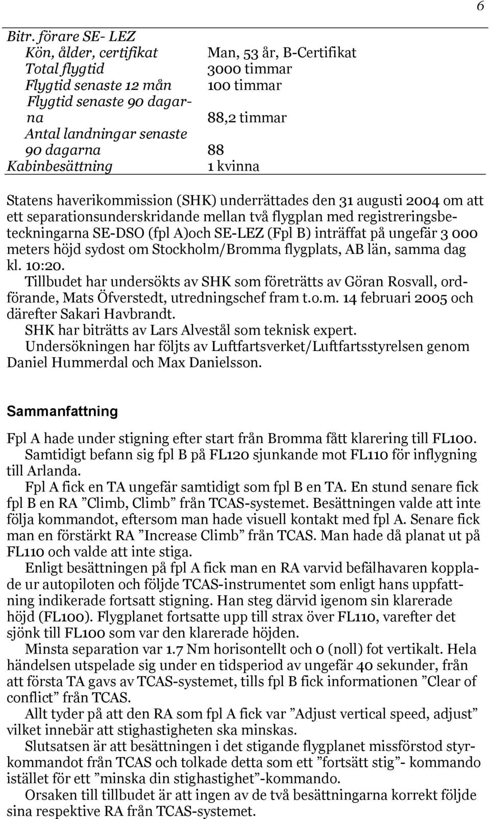 timmar 88,2 timmar 88 1 kvinna Statens haverikommission (SHK) underrättades den 31 augusti 2004 om att ett separationsunderskridande mellan två flygplan med registreringsbeteckningarna SE-DSO (fpl