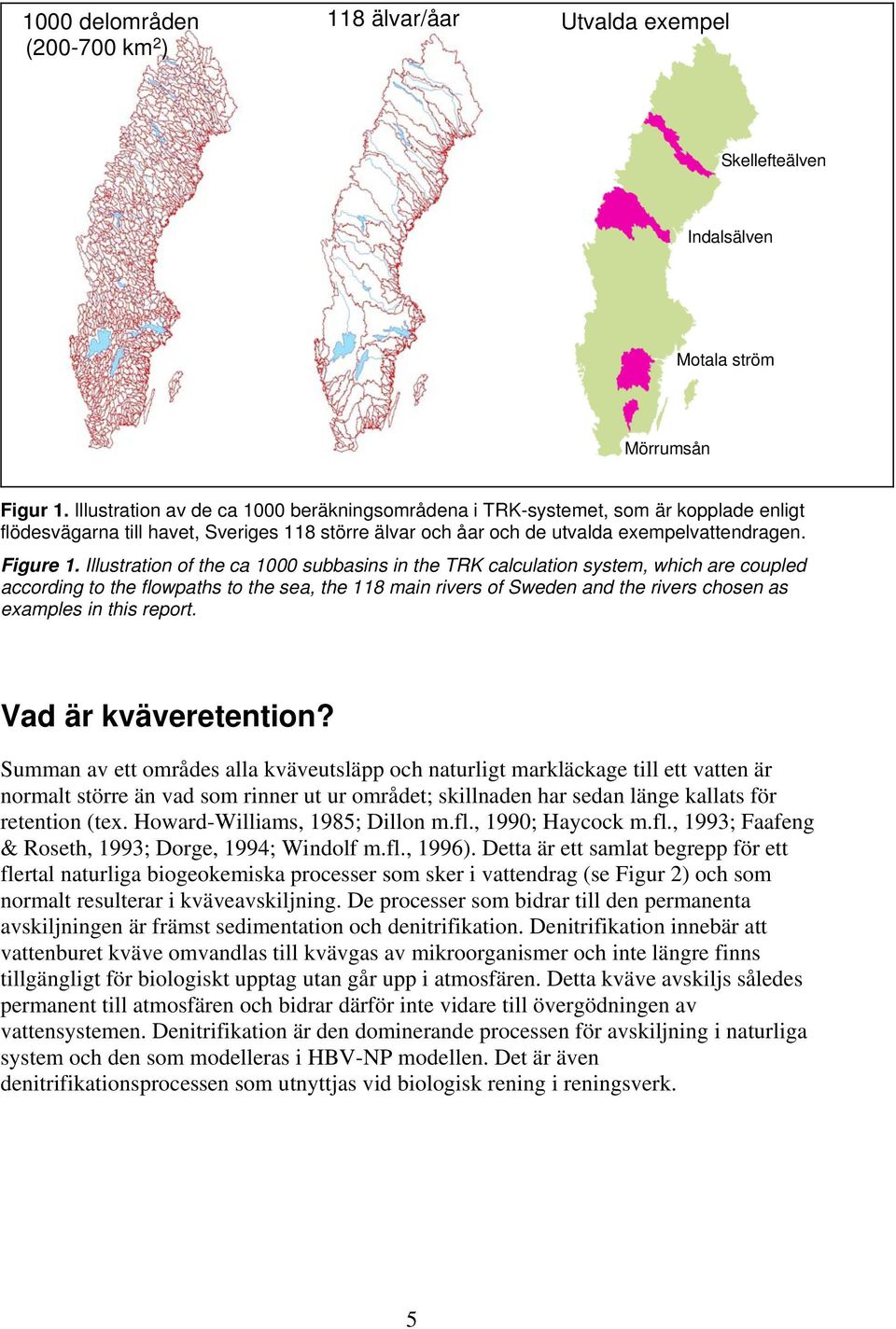 Illustration of the ca 1000 subbasins in the TRK calculation system, which are coupled according to the flowpaths to the sea, the 118 main rivers of Sweden and the rivers chosen as examples in this
