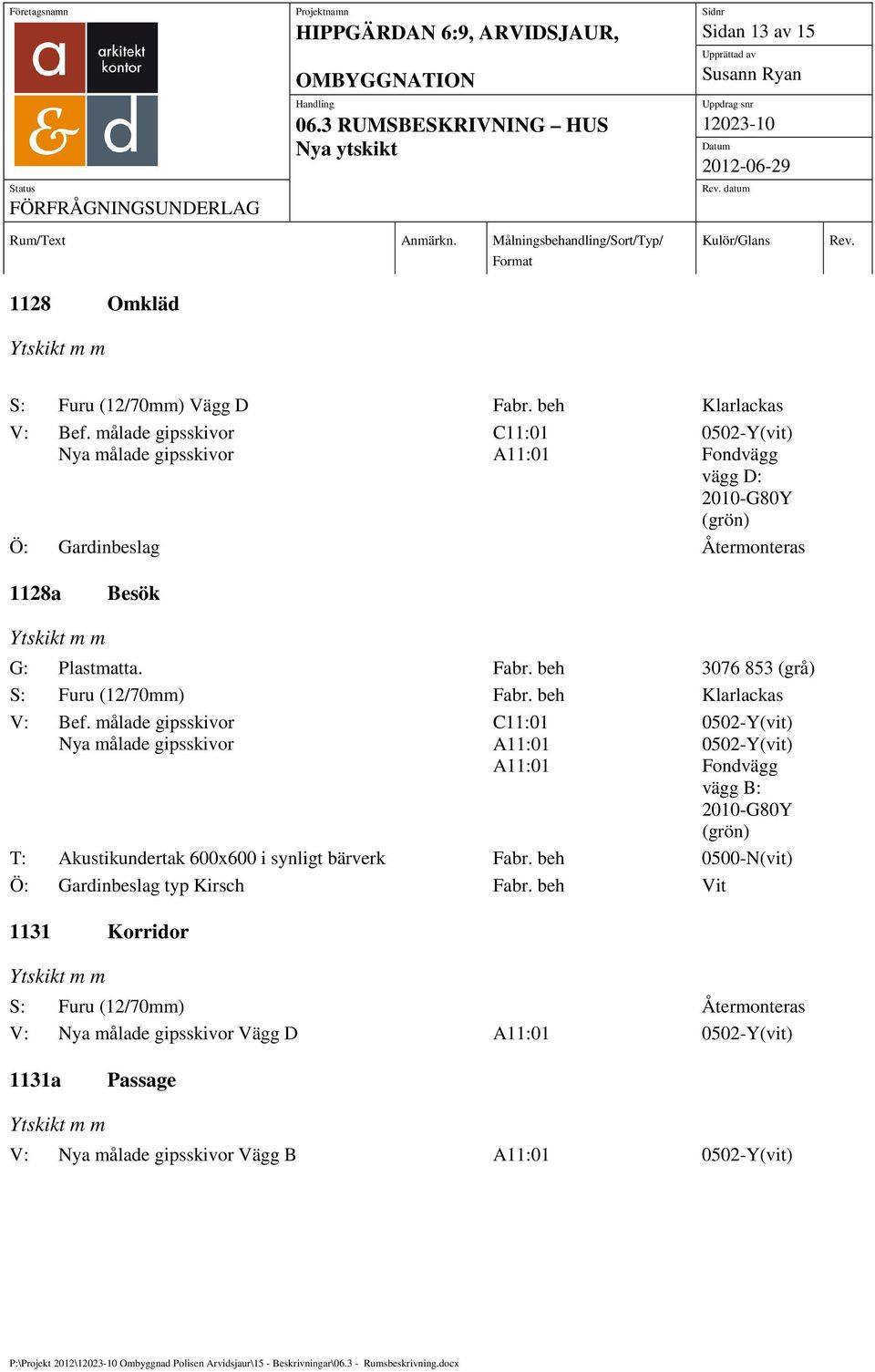 målade gipsskivor Fondvägg vägg B: T: Akustikundertak 600x600 i synligt bärverk Fabr. beh 0500-N(vit) Ö: Gardinbeslag typ Kirsch Fabr.