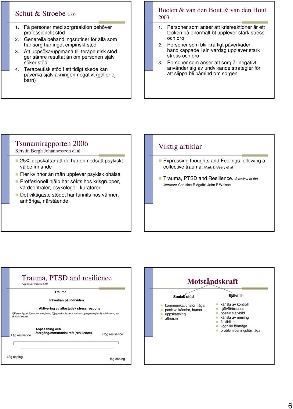 Terapeutisk stöd i ett tidigt skede kan påverka självläkningen negativt (gäller ej barn) Boelen & van den Bout & van den Hout 2003 1.