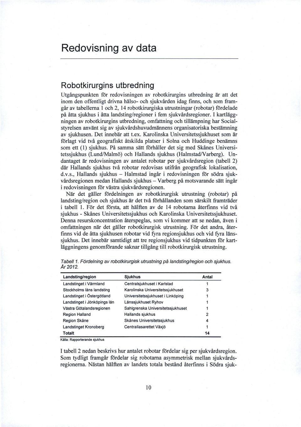 I kartläggningen av robotkirurgins utbredning, omfattning och tillämpning har Socialstyrelsen använt sig av sjukvårdshuvudmännens organisatoriska bestämning av sjukhusen. Det innebär att t.ex.