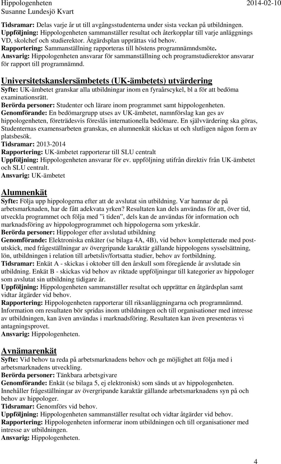 Ansvarig: ansvarar för sammanställning och programstudierektor ansvarar för rapport till programnämnd.
