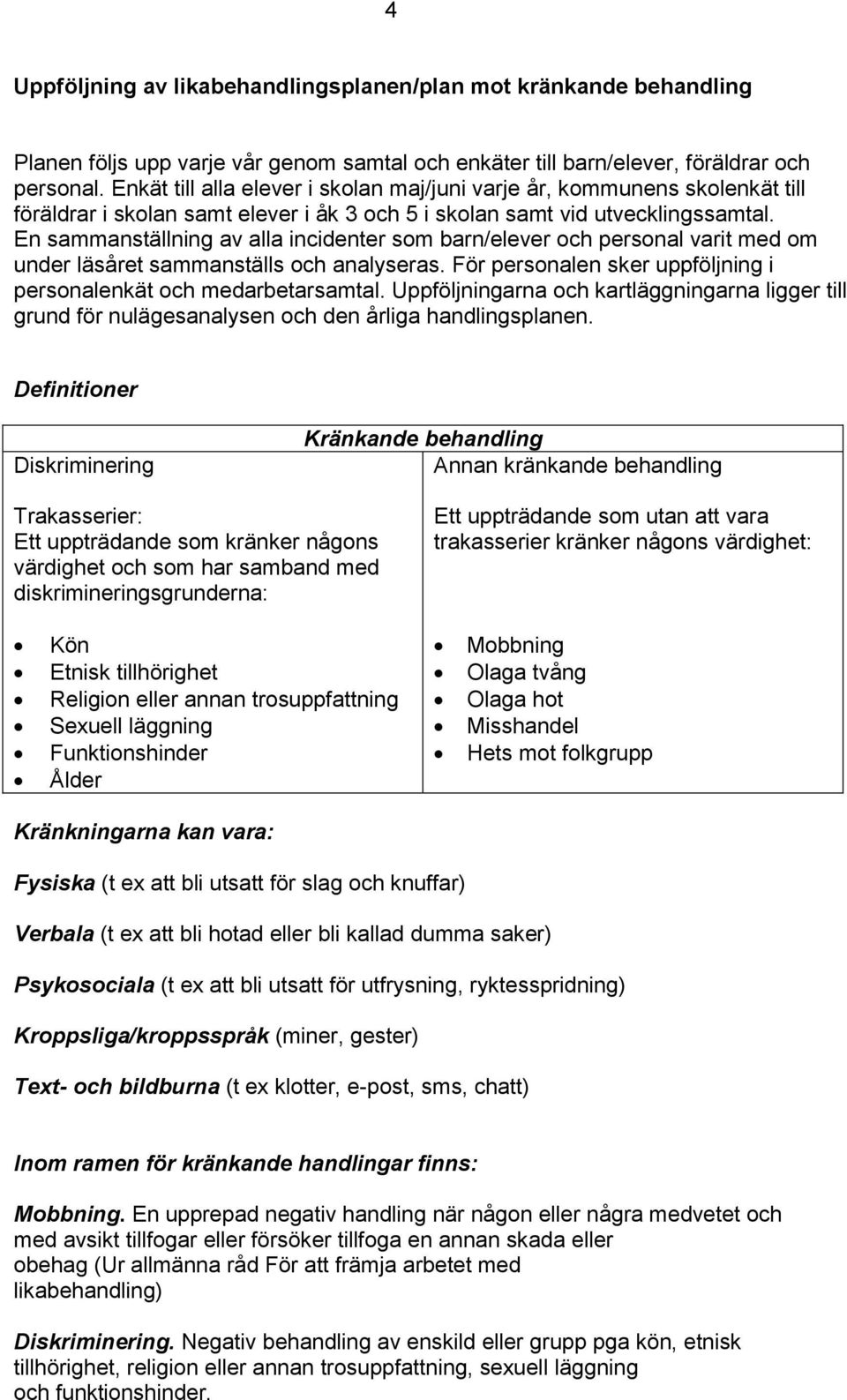 En sammanställning av alla incidenter som barn/elever och personal varit med om under läsåret sammanställs och analyseras. För personalen sker uppföljning i personalenkät och medarbetarsamtal.