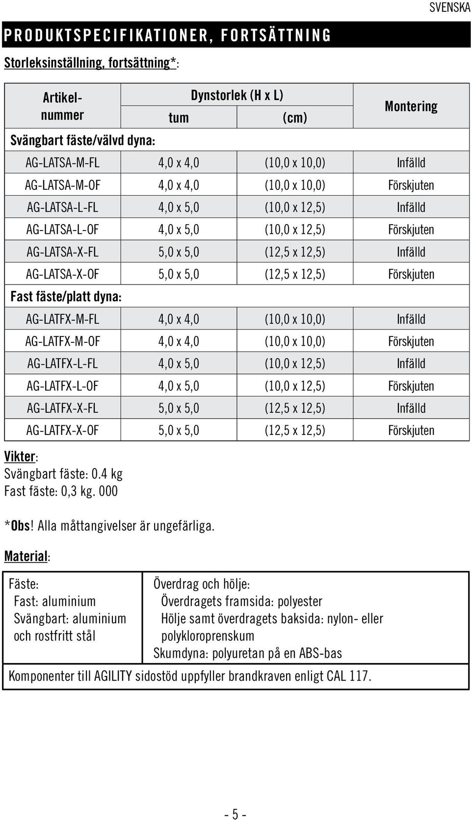 Infälld AG-LATSA-X-OF 5,0 x 5,0 (12,5 x 12,5) Förskjuten Fast fäste/platt dyna: AG-LATFX-M-FL 4,0 x 4,0 (10,0 x 10,0) Infälld AG-LATFX-M-OF 4,0 x 4,0 (10,0 x 10,0) Förskjuten AG-LATFX-L-FL 4,0 x 5,0