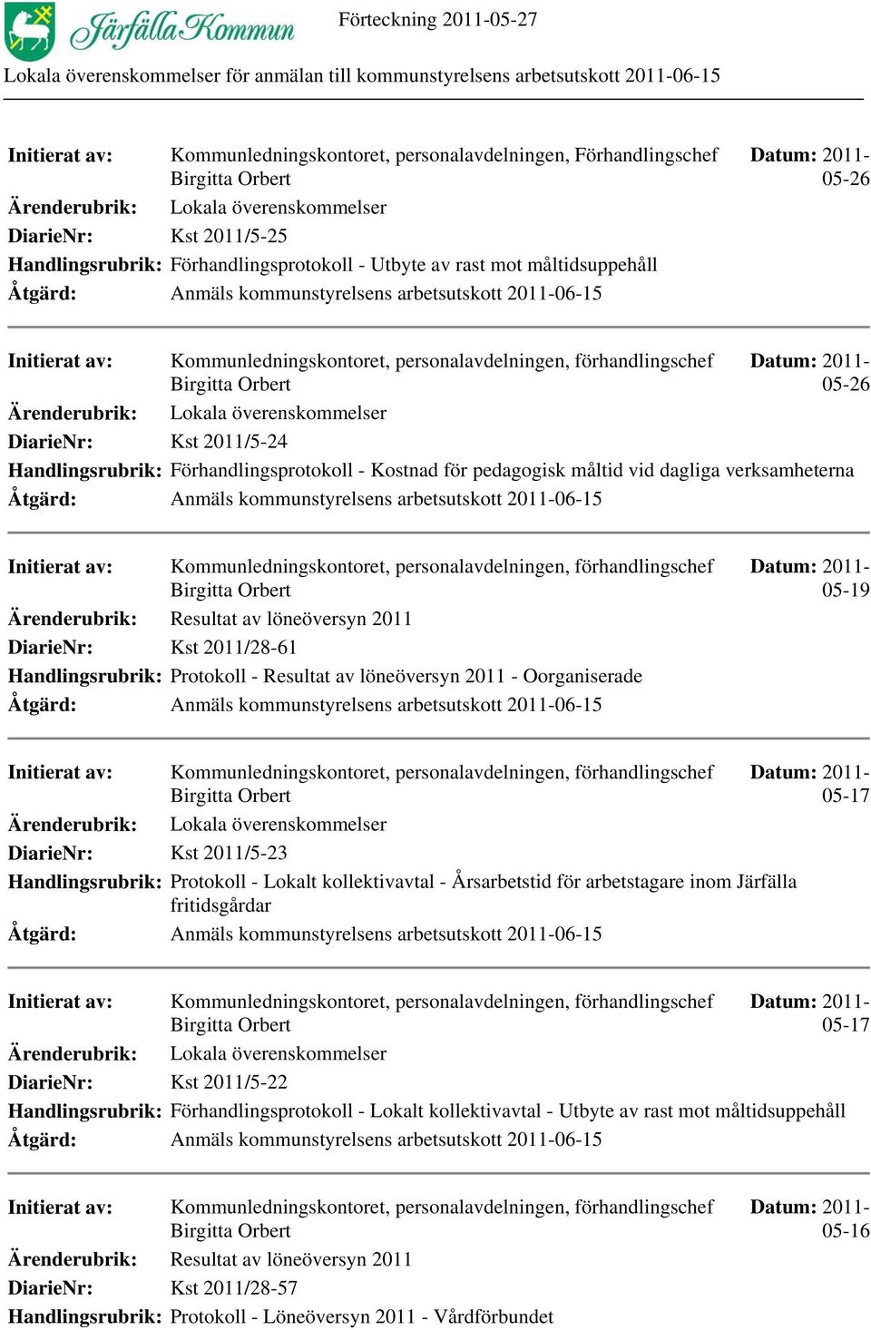 personalavdelningen, förhandlingschef Birgitta Orbert Lokala överenskommelser Datum: 2011-05-26 Ärenderubrik: DiarieNr: Kst 2011/5-24 Handlingsrubrik: Förhandlingsprotokoll - Kostnad för pedagogisk