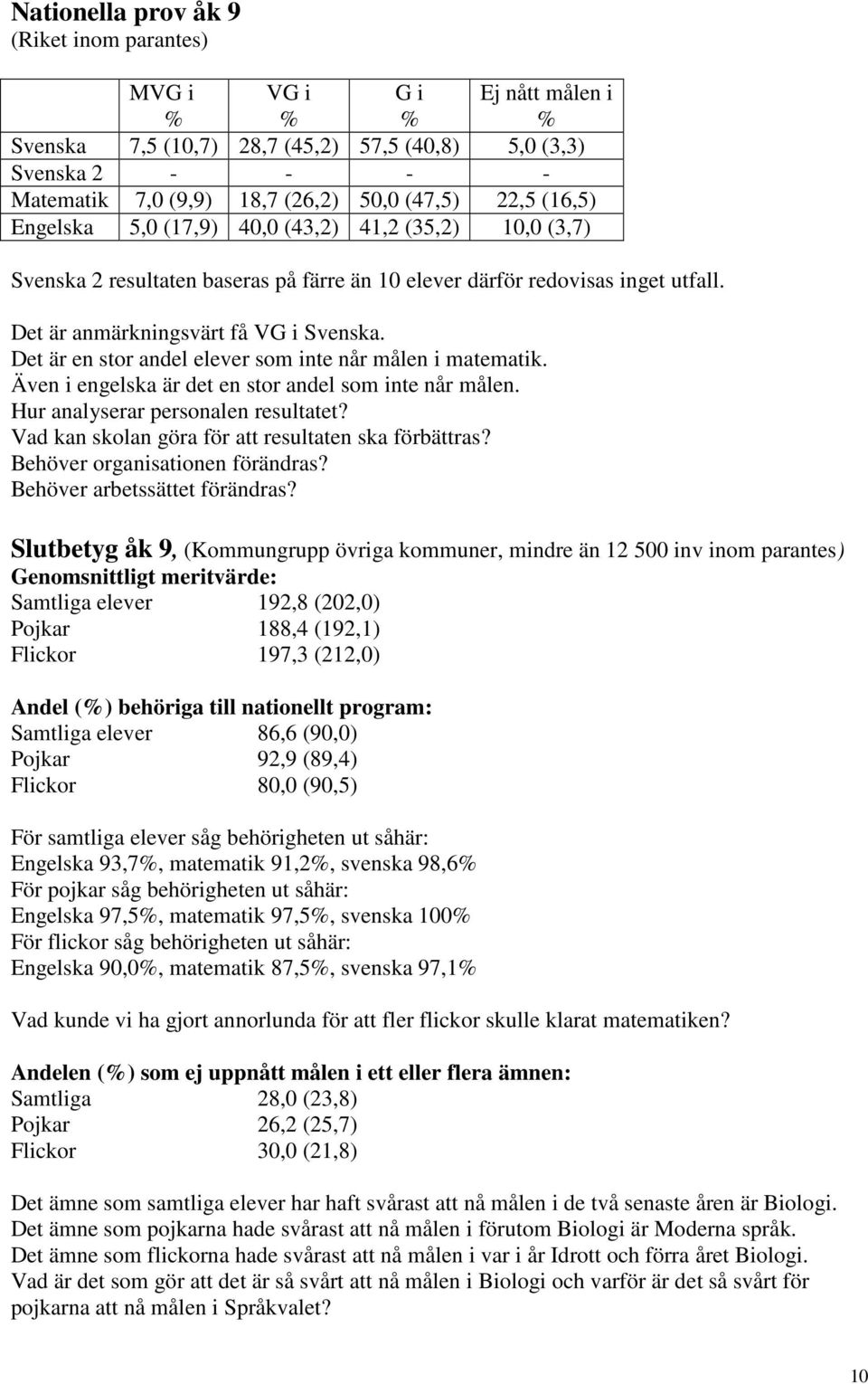 Det är en stor andel elever som inte når målen i matematik. Även i engelska är det en stor andel som inte når målen. Hur analyserar personalen resultatet?