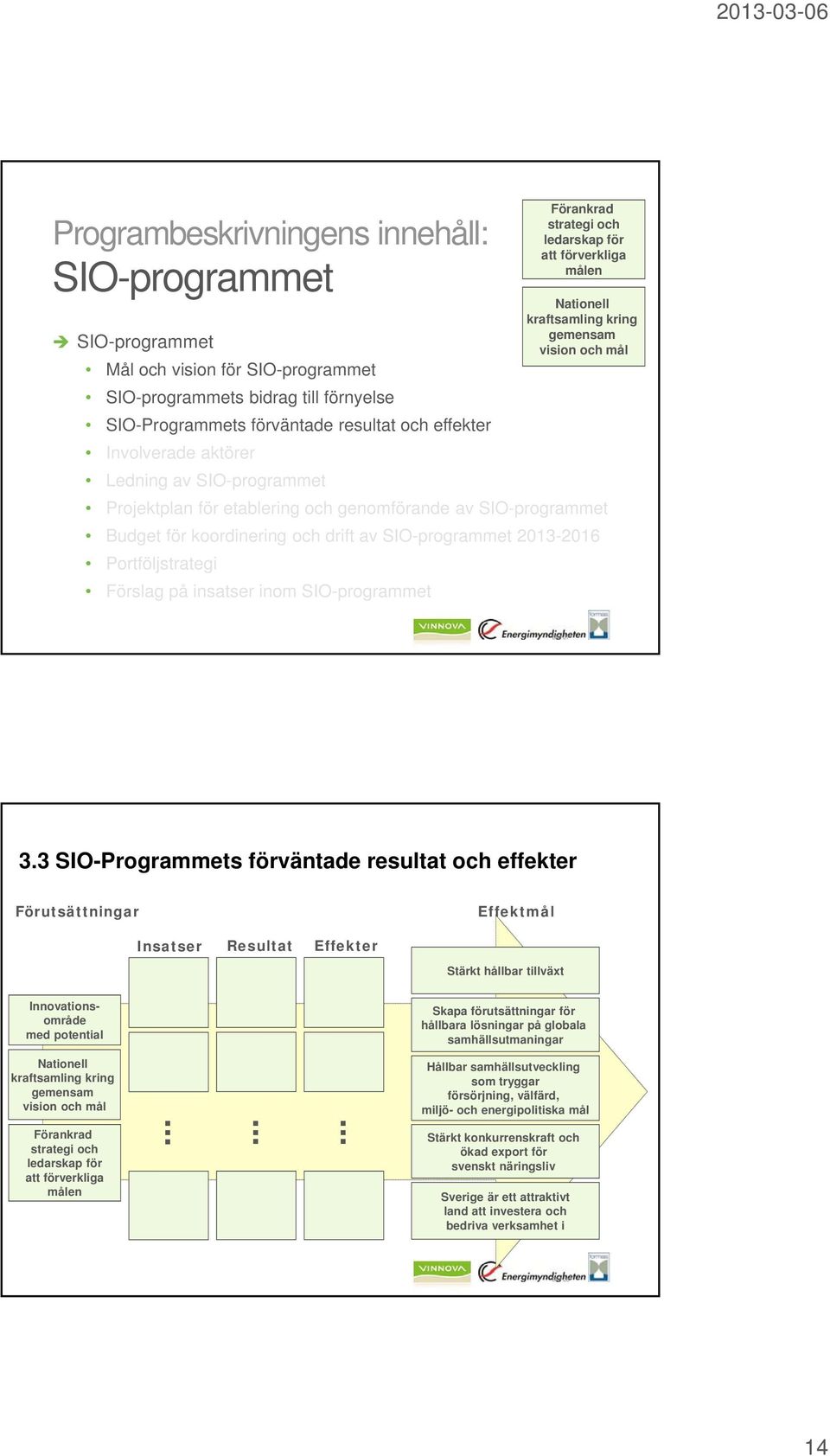 SIO-programmet Budget för koordinering och drift av SIO-programmet 2013-2016 Portföljstrategi Förslag på insatser inom SIO-programmet Bild 27 3.